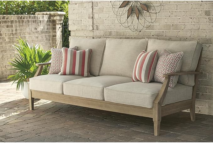 Signature Design by Ashley Clare View Outdoor Patio Sofa, 4 Throw Pillows, Nuvella Weather Resistant Fabric, Eucalyptus Wood, 81" W x 35" D x 32" H, Beige SignatureDesignbyAshley