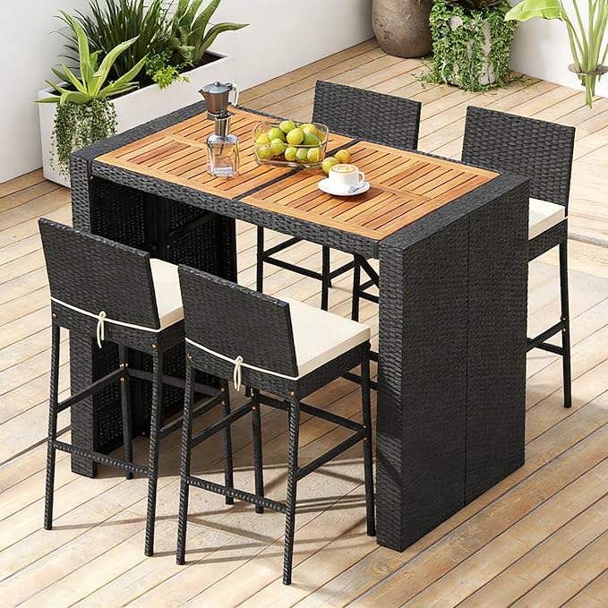 COSTWAY 5 Piece Patio Bar Set, Outdoor Rattan Wicker Bar Table and 30'' High Top Chairs Set with Acacia Wood Tabletop and Cushions for Poolside, Backyard COSTWAY