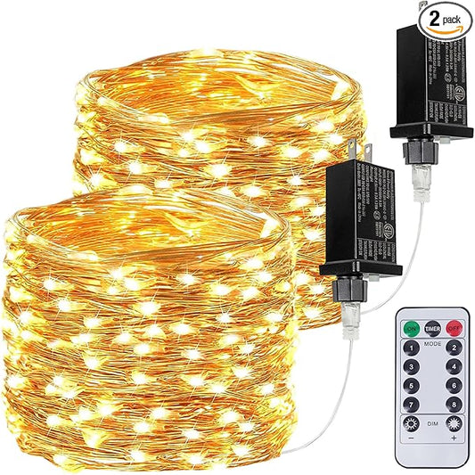 2Pack Each 33Ft 100 LED Fairy Lights Plug in with Remote, Waterproof String Lights Outdoor & Indoor, String Lights 8 Modes with Timer, Twinkle Light for Girl's Room Christmas Decorations (Warm White) BHCLIGHT