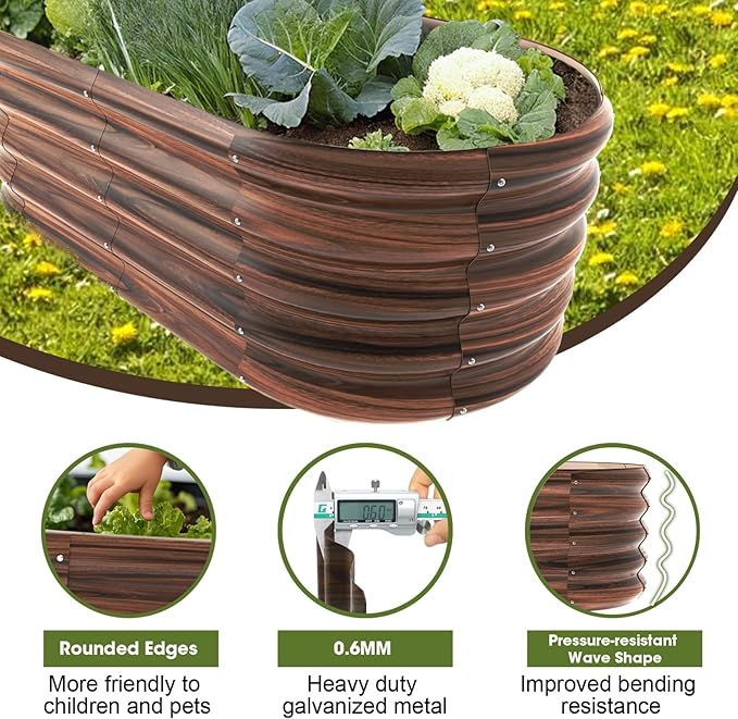 4x2ft Oval Galvanized Raised Garden Bed Kits 16" Tall Outdoor Large Metal Modular Planter Box 9-in-1 Raised Beds for Gardening,Vegetables,Fruits,Flowers & Herbs (Brown) IDEAFAMILY