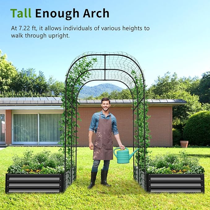 DoCred 3 in 1 Raised Garden Bed with 87in Tall Arch Trellis for Climbing Plants, Galvanized Planter Garden Box Outdoor for Gardening, Climbing Vegetables, Flower, Black DoCred