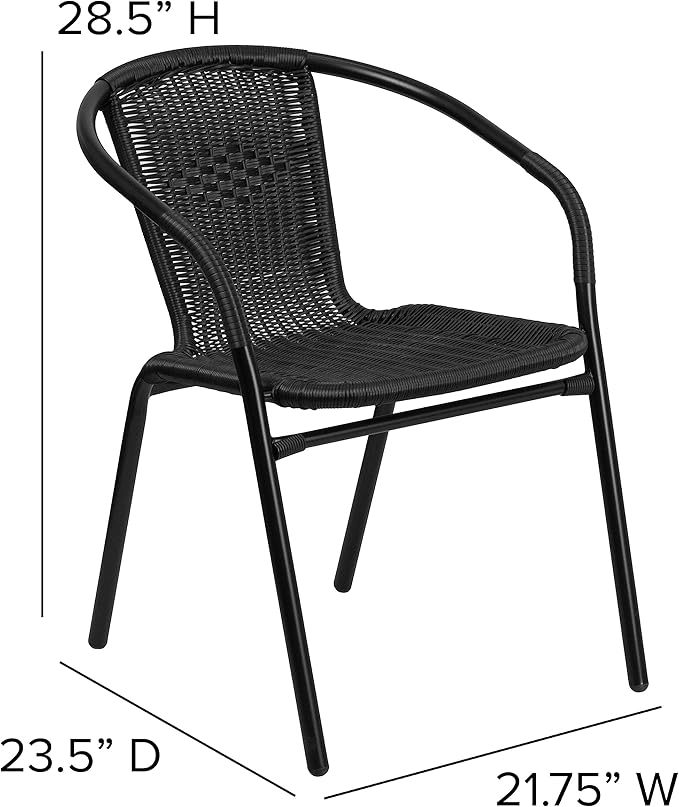 EMMA + OLIVER Set of 2 Modern Rattan Indoor/Outdoor Stack Chairs, Stacking Rattan Patio Chairs with Curved Back and Cross Bracing, Black EMMAOLIVER
