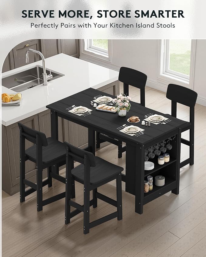 SERWALL 10-Piece HDPE Counter Height Dining Table Sets with Storage and Wine Rack, 2 Rectangular Bar Table with Bar Stools Set of 8 for Garden, Backyard, Kitchen, Black SERWALL
