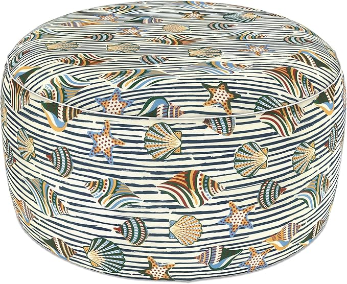 LVTXIII Indoor/Outdoor Extra Large Inflatable Ottoman Pouf D31 x H14 Inch, Round Footstool with Handle, Weather-Resistant Portable Furniture for Patio, Camping, Beach, Cabana Shells LVTXIII
