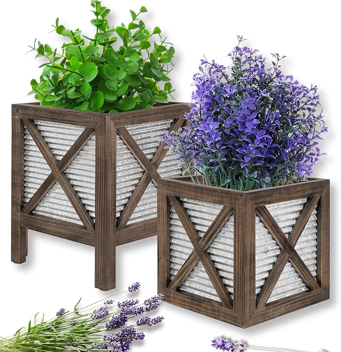Autumn Alley Farmhouse Front Porch Planters Set of 2 Stand with Galvanized Corrugated Metal Planter for Outdoors/Indoors - Rustic Wood Square Planters Box on Legs – Charming Farmhouse Décor, Brown AutumnAlley