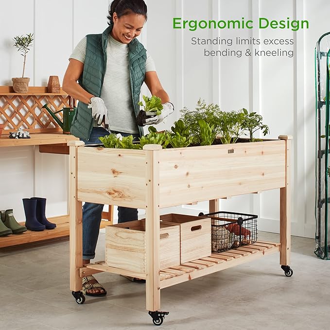 Best Choice Products Raised Garden Bed 48x24x32-inch Mobile Elevated Wood Planter w/Lockable Wheels, Storage Shelf, Protective Liner - Natural BestChoiceProducts