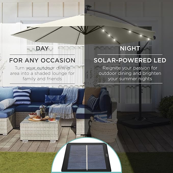 Best Choice Products 10ft Solar LED Offset Cantilever Hanging Market Patio Umbrella, 8 Sturdy Ribs, Easy Adjustment - Ivory BestChoiceProducts