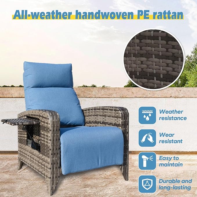 Upgraded Outdoor Recliner Chair, Reclining Patio Chairs with Adjustable Back up to 150°Lay Flat and Extended Footrest, Wicker Recliner Chairs with Flip Table and Removable Olefin Cushion zzw