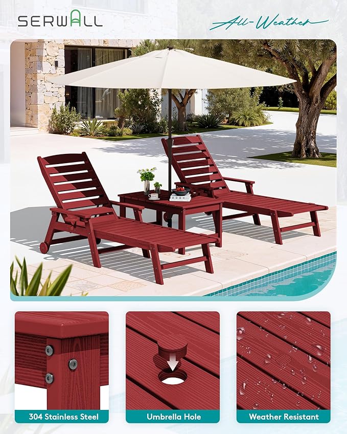 SERWALL Outdoor Coffee Table with 1.69" Umbrella Hole, HDPE Patio Coffee Table for Outside, Rectangle, Red SERWALL