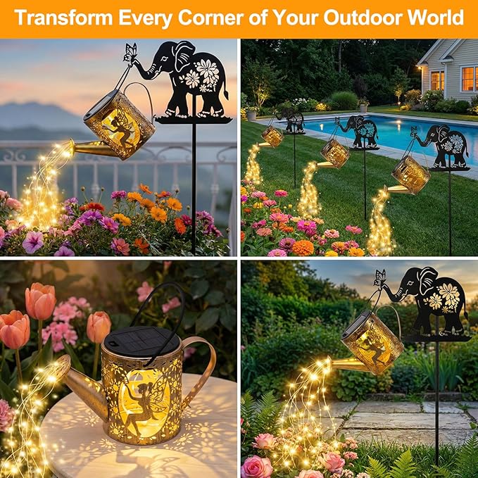 Solar Watering Can Lights Outdoor Decor with Elephant Stake & Fairy Silhouettes, Cascading String Lights for Garden, Patio, Yard - Waterproof Solar Powered Gift for Mom, Housewarming, Birthday Tremdwoto