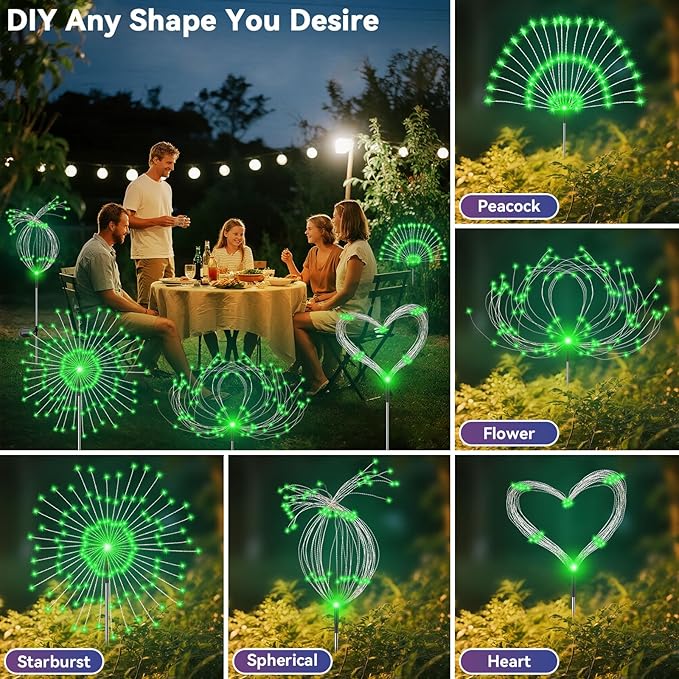 Garden Outdoor Lights, 2 Pack 120 LED Solar Garden Lights Fairy Lights Outdoor Waterproof Decorative Solar Firework Lights for Yard Patio Pathway Flowerbed Party Wedding Decor, Green Slyuexu