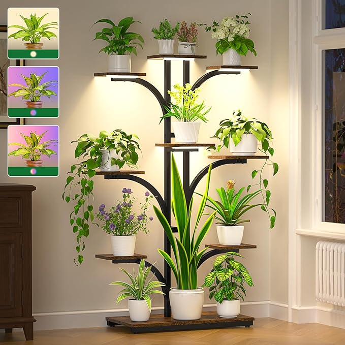 ikkle Plant Stand Indoor with Grow Lights, 64" Tall Plant Shelf, 9 Tiered Corner Plant Shelves for Indoor Plants Multiple, Large Flower Display Holder, Tree-Shaped Plant Rack for Home, Living Room, Patio Decor iKKLEHome