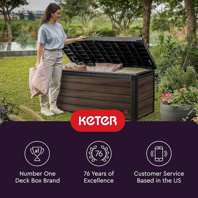 Keter Signature Collection 150 Gallon Resin Deck Box Organization and Storage for Patio Outdoor Cushions, Throw Pillows, Garden Tools and Pool Supplies, Rosewood Keter