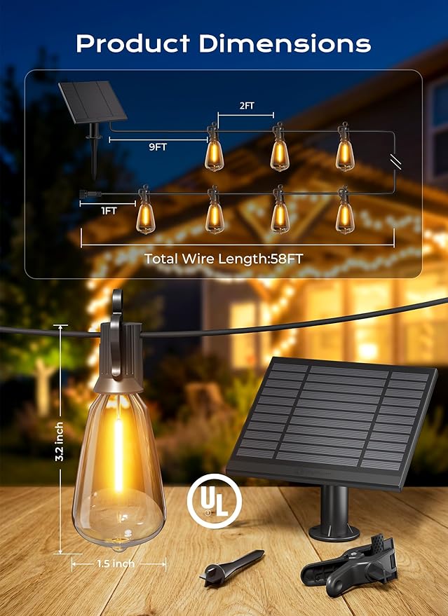 Brightown 58FT Solar String Lights Outdoor Waterproof, Patio Lights with Remote and 25+1 LED Shatterproof Bulbs, Dimmable & Timable, 3 Light Modes, Solar Lights Outdoor for Yard Camping Party Outside Brightown