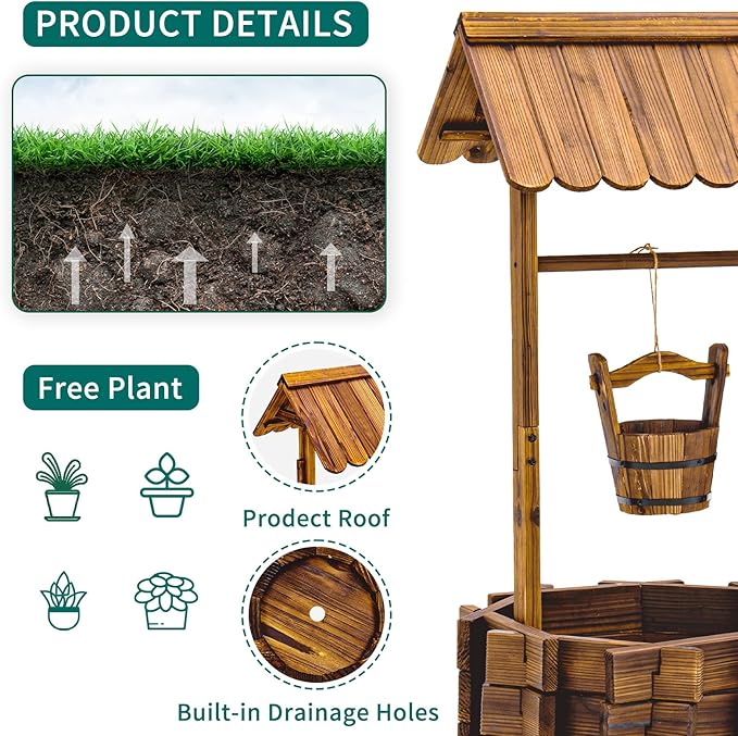 UDPATIO Rustic Solid Fir Wood Wishing Well Planter for Outdoor Plants, 16.5 in Diameter UDPATIO