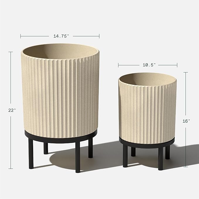 Veradek Demi Series Round Planter w/Stand for Porch/Patio | Durable Plastic-Stone Composite & Wooden Stand | Modern Décor for Tall Plants, Flowers VeradekOutdoor