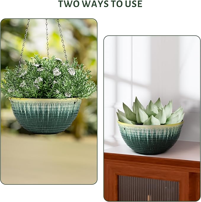 10inch Hanging Planter, 2 Pack Hanging Planters for Indoor and Outdoor Plants, Glazed Hanging Plant Holder with Drainage, Indoor Hanging Flower Pots for Garden Home (Green Glaze) LesOasis