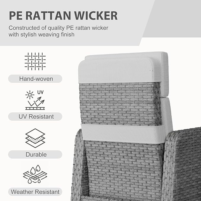 Restland Outdoor Recliner with Independent Adjustable Back & Footrest Wicker Patio Reclining Chair with Flip Table Comfortable Lounge Chair & Thick Cushion for Deck, Porch (3 Piece, Grey) Restland