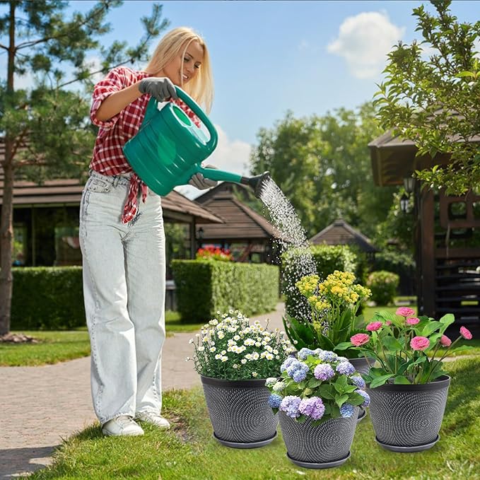 Quarut 4 Pack 8 Inch Flower Pots Planters for Outdoor Indoor, Plastic Plant Pots with Drainage Hole & Tray, Modern Decorative Garden Pot with Saucer, planters for House (Gray) Quarut