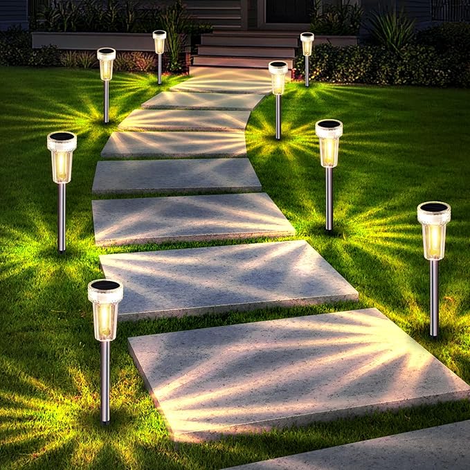 Mancra Solar Lights Outdoor Waterproof, 8 Pack Stainless Steel Tungsten Bulb Solar Pathway Lights Waterproof Garden Decor for Path Yard Lawn Walkway Driveway Mancra