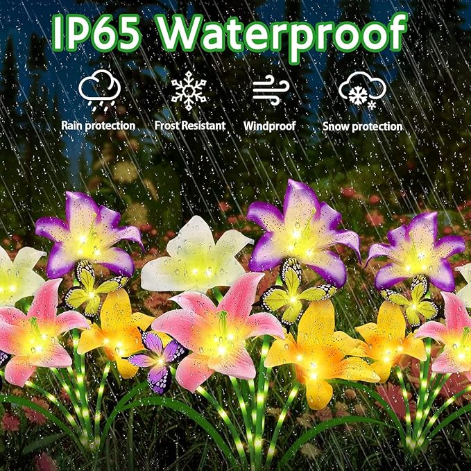 6 Pack Solar Garden Lights LED Solar Lilies Flower Lights, Yard Patio Pathway Decoration High Flexibility Copper Wire Handmade Silk Artificial Flowers Never Wither, Gift for Family, Friends yulloyello