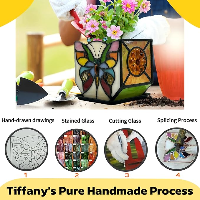Handcrafted Stained Glass Butterfly Planter, Cute Planters for Indoor Plants,Decorative Indoor Flower Pot, Cactus Pot, with Drainage,Home Garden Decor Entlityful