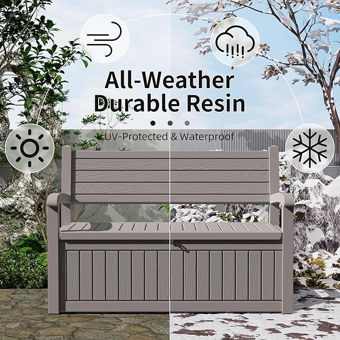 80 Gallon Outdoor Storage Bench Deck Box Waterproof Lockable,Outdoor Storage Furniture for Patio,Garden and Porch,Tools and Cushions（Grey Stripe） OutdoorLivingPerfected