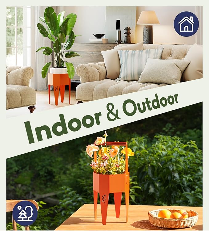 Planter with Stand, Metal 2 in 1 Portable Planter with Grow Bags & Handle, Stable Stylish Indoor Plant Pots with Stand, Modern Plant Stand Indoor, 7.5'' x 17.3'', Orange, Plant Not Included SculptingLightGarden
