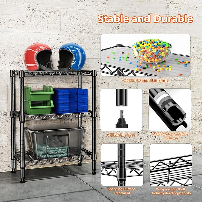 750 lbs 3 Tier Shelf Metal Storage Shelves Wire Rack Closet Organizers with PP Board for Garage Kitchen Bathroom Laundry Black 11.8" D x 21.7" W x 28.6" H MEIGAOPLASTICANDMETALHKCOLIMITED