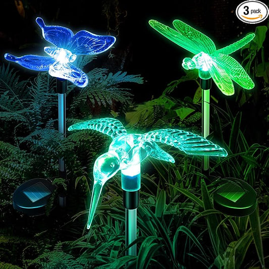Anordsem Solar Garden Lights Outdoor: 3 Waterproof PVC Insect Stake Light Heads - Changeable Color LED Lighting for Gardener Yard Decoration - Christmas Gifts for Homeowners Over 30 Anordsem