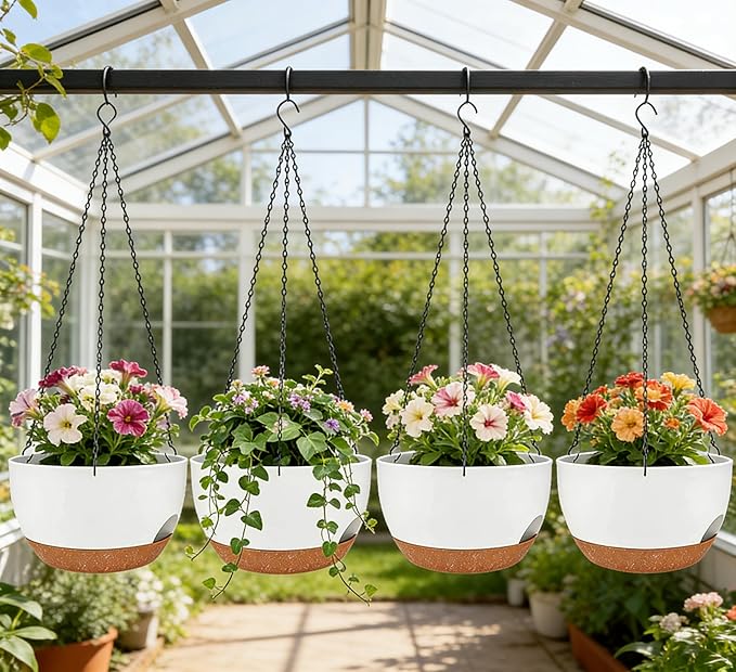 Set of 2-8 Inch Self Watering Hanging Planters for Indoor Outdoor，Hanging Plant Pots with Drainage & Removable Tray, Hanging Pots Holder for Ivy, Pothos, Ferns, Balcony & Patio, White Brown zople