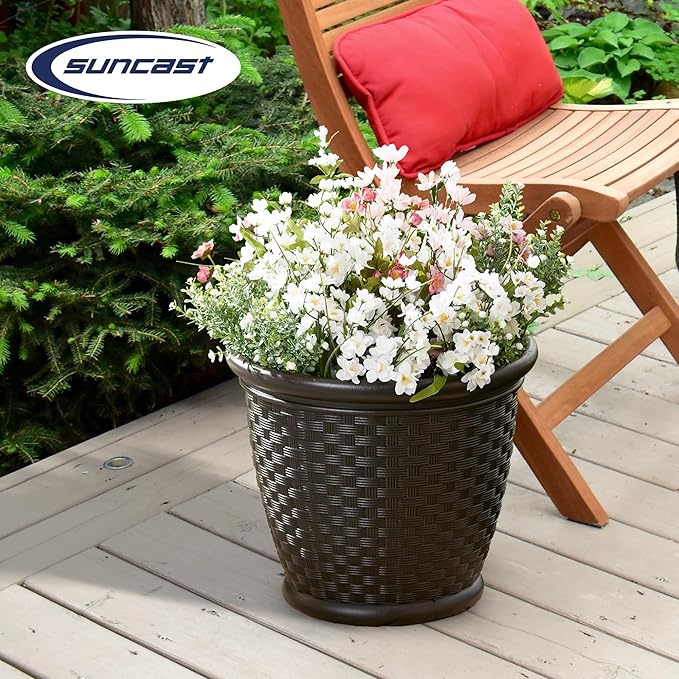 Suncast Sonora 18 Inch Lightweight Durable Plastic Wicker Decorative Flower Planter Pot for Yard, Garden, Indoor or Outdoor Use, Brown Suncast