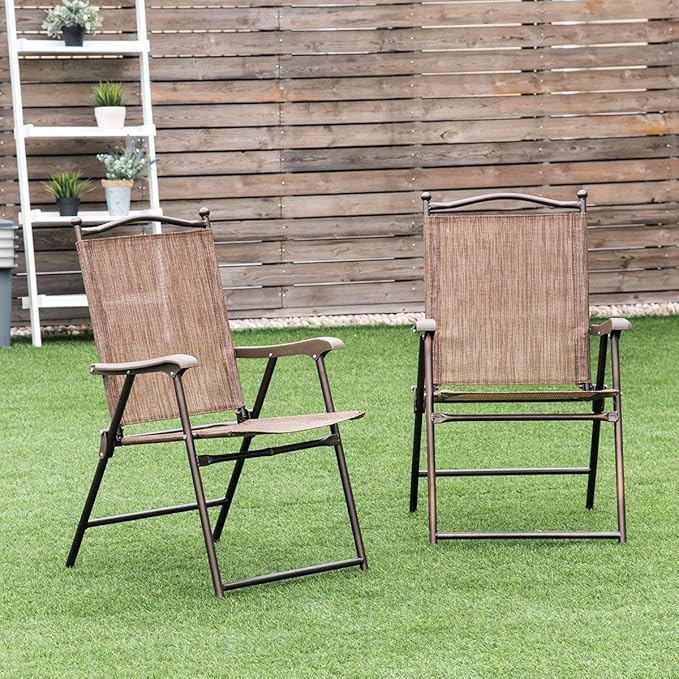 Giantex Set of 2 Patio Folding Chairs, Outdoor Patio Dining Chairs w/Armrest, Sling Back, Metal Frame, Outside Use for Lawn Camping Garden Pool Beach Yard Lounge, No Assembly, Brown Giantex