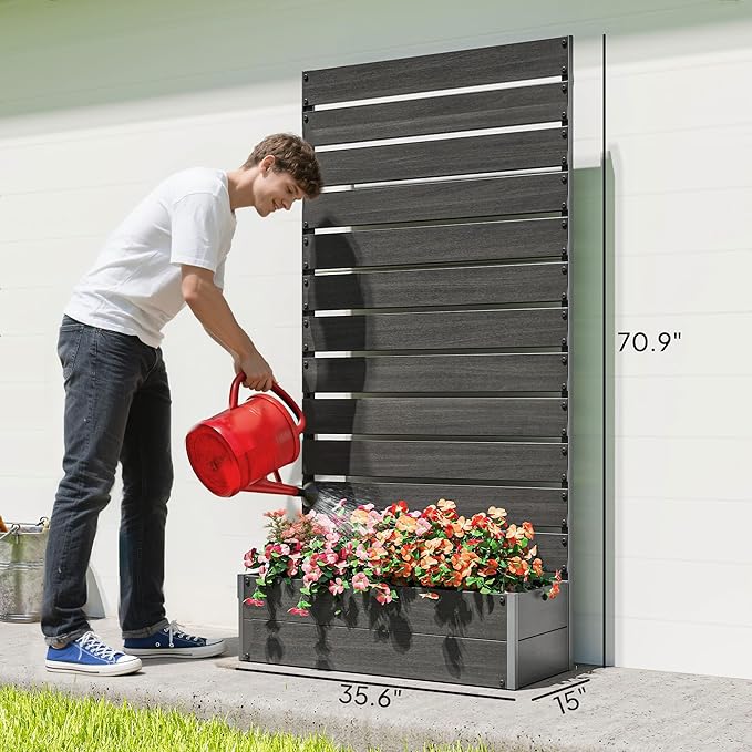 Outsunny Raised Garden Bed with Trellis for Climbing Plants, Planter Box with Self Draining Gap, Freestanding Trellis Planter for Outdoor, Patio, Deck, 35.75" x 15" x 70.75", Black Outsunny