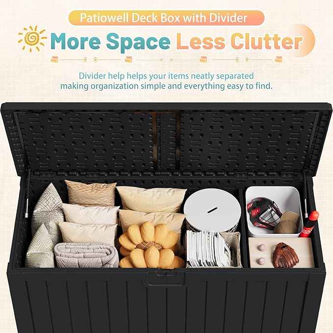 Patiowell 240 Gallon Large Outdoor Storage Box, Waterproof Deck Box with Fixed Divider, Lockable and Durable Patio Storage Solution for Patio Furniture and Garden Tools (Black)