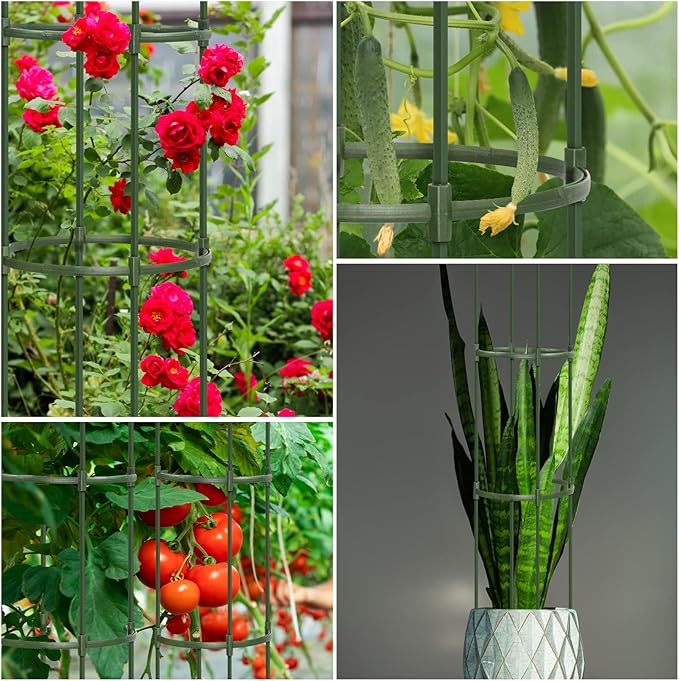 Round Heavy Duty Tomato Cage - 55 Inch Steel Core Plastic Coated Garden Trellis, 4-Post Rustproof Plant Support for Tomato/Cucumber/Beans, No Tools Snap Assembly, Spare Parts Available LOMNYIY