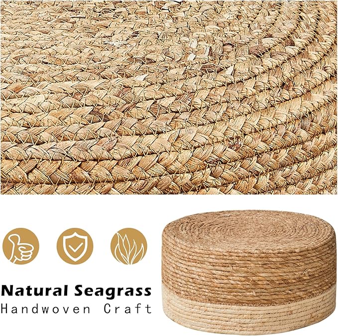 Cpintltr Foot Stool Natural Seagrass Hand Weave Poufs Round Ottoman for Couch Desk Soft Step Stool Padded Foot Rest with Non-Skid Pine Legs for Hallway Office Lounge Natural/White CpintltrFruniture
