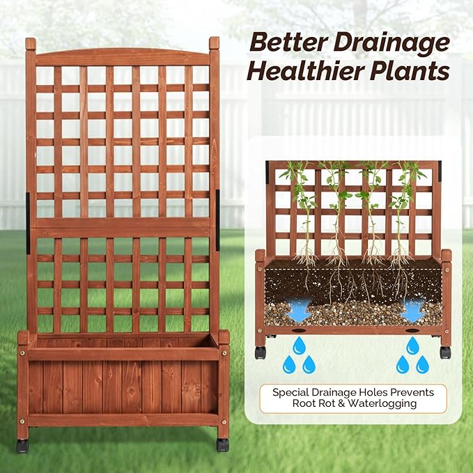 VINGLI Wooden Planter with Trellis, 50" Height Elevated Garden Beds Outdoor with Wheels, FreeStanding Planter Box with Drainage Holes for Flower, Vegetable, Fruit, Herb in Garden, Patio, Balcony (1) VINGLI