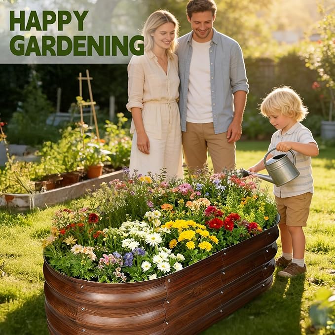 Galvanized Raised Garden Bed Outdoor, Large Raised Bed for Gardening, 4x2x1ft Oval Metal Planter Box for Vegetables, Fruits, Flowers, Dark Brown Wood Grain VivaGarden
