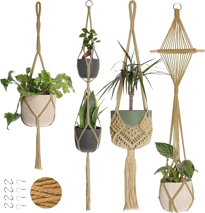 Nook Theory 4-Pack Macrame Plant Hangers with 8 Hooks - Hanging Planters for Indoor Plants, Boho Macrame Hangers Indoor Outdoor, Decorative Plant Hanger Indoor (Caramel) NookTheory