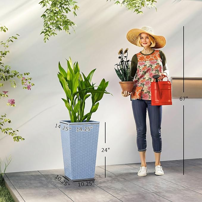 Outsunny Tall Planters for Outdoor Plants Set of 3, 24 in Taper Planters with Drainage Holes, Rattan Decor Plant Pots for Indoor Outdoor Front Porch Patio Backyard, Light Gray Outsunny
