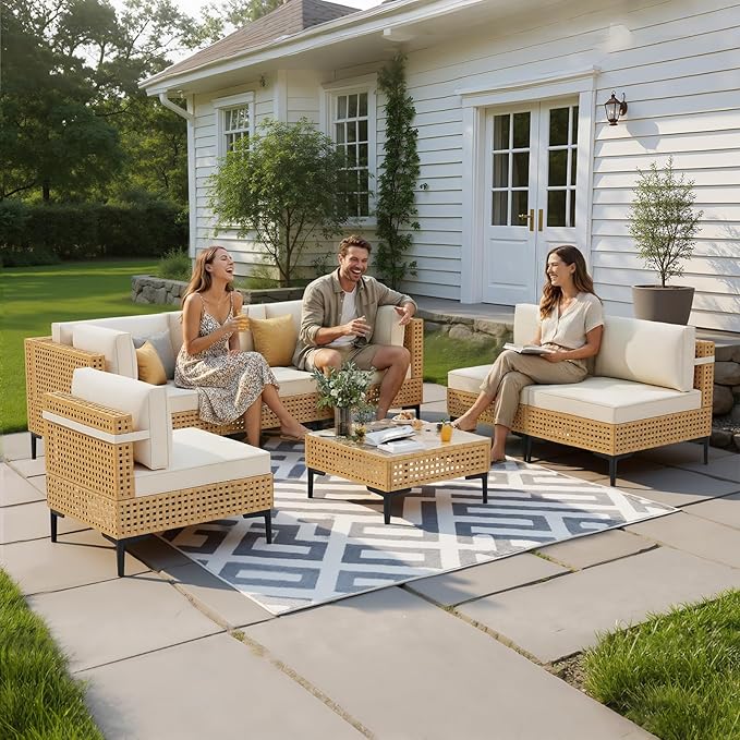 ABCASA Patio Furniture Set, 110" Large 7-Piece Wicker Outdoor Patio Furniture Sets with Anti-Slip Cushions & Coffee Table,Boho Patio Conversation Set Sectional Sofa for Backyard,Porch,Beige ABCASA