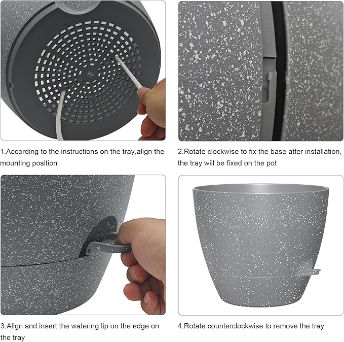 12 Inch Large Self Watering Pots, Flower Pots with Multi-Mesh Drainage Holes and Saucer, Planters for Indoor and Outdoor Garden Plants (Speckled Grey) Rootora