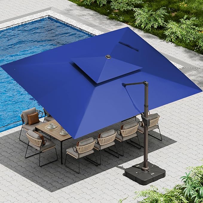10 X 13 FT Cantilever Patio Umbrella with Led Lights and Base Included Outdoor Heavy Duty Double Top Rectangle Offset Umbrellas with 360-degree Rotation for Pool Deck Backyard, Navy Ombrellon