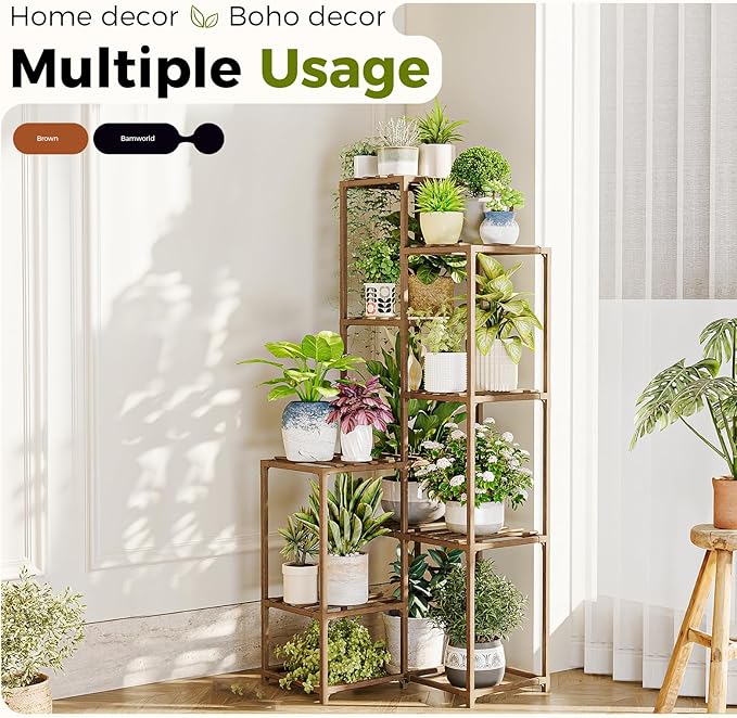 Bamworld Plant Stand Indoor Outdoor Corner Plant Shelf 54.7" Tall Plant Table Wood Large Plant Holder for Multiple Plants Patio Balcony Garden Office Home Decor Bamworld