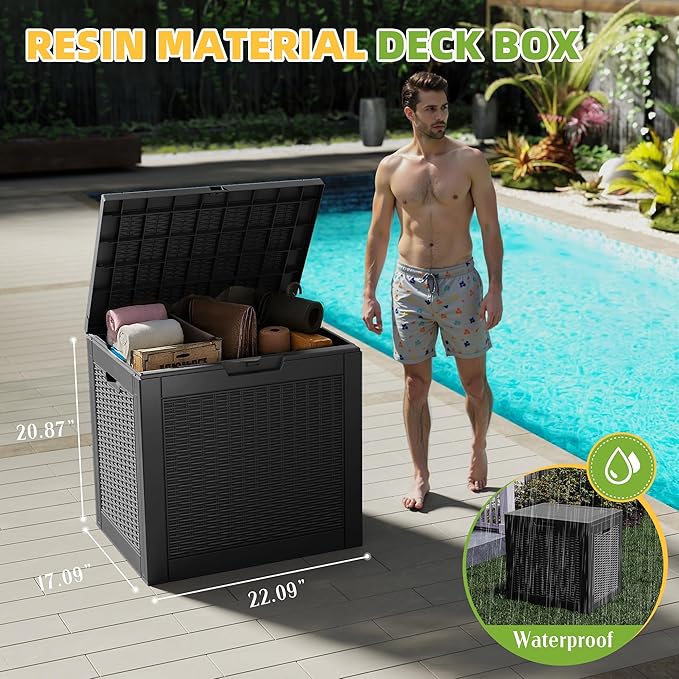 31 Gallon Outdoor Storage Box Weather Resistant UV Protection Waterproof Resin Deck Box for Garden, Patio, Porch, Delivery(Rattan Black) KFY