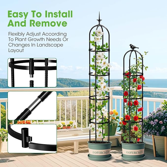 2026 Updated Garden Obelisk Trellis for Climbing Plants Outdoor, 6.3 FT Tomato Cage, Rose, Flowers, Grape, Pea, Cucumber Trellis, Rustproof Plastic Coated Metal Plant Support Trellis for Potted Plants MYMULIKEHOME