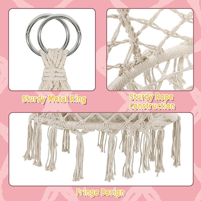 Macrame Hammock Hanging Swinging Chair with Medium Cushion, Perfect for Bedroom, Porch, Adults, Balcony, Beige KROFEM