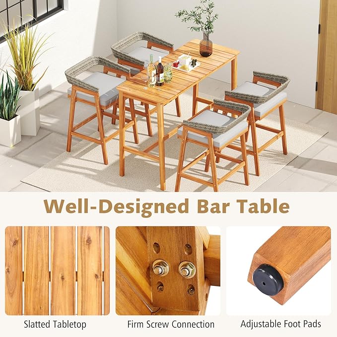 Tangkula 3 Piece Patio Bar Set, Outdoor Acacia Wood Counter Height Table with 2 Cushioned Barstools with Curved Rattan Back and Footrest, for Backyard, Poolside, Balcony TANGKULA