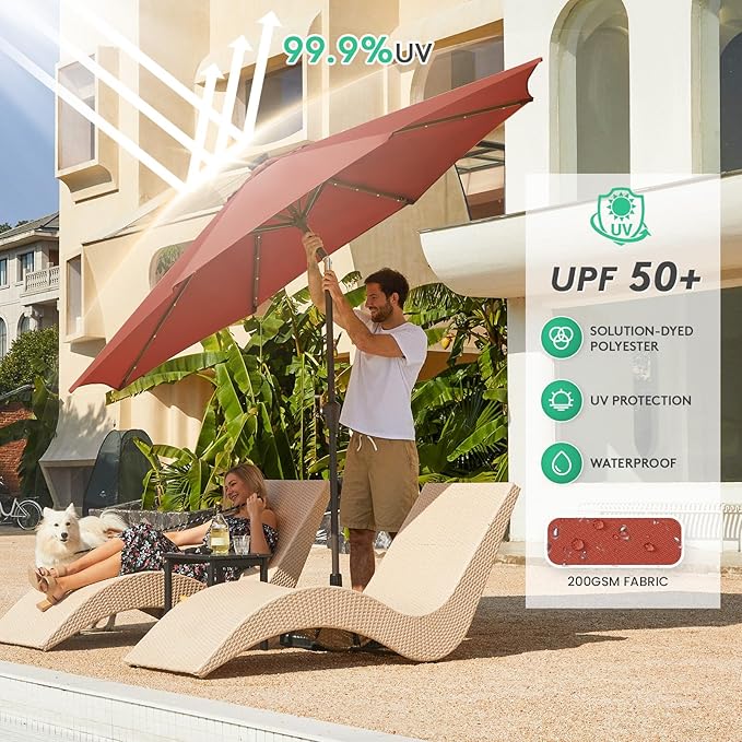 JEAREY 9FT Outdoor Patio Umbrella with Solar Lights, LED Lighted Pool Umbrella with Tilt and Crank, Outdoor Table Umbrellas for Deck, Yard & Market (Red) JEAREYOutdoorsCollection